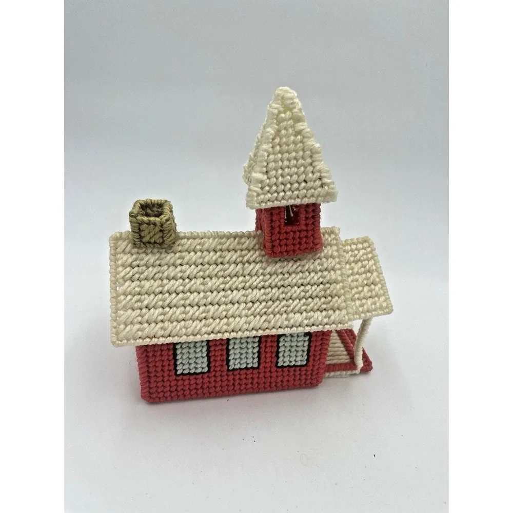 Vtg 70s Handmade Yarn Needlepoint Completed‎ School House Candy Plastic Canvas